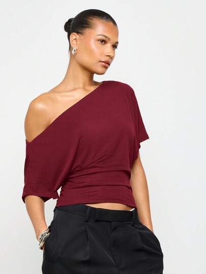 AiiRZ Off Shoulder Dolman Sleeve Fitted Waist Crop Top Stretch Knit Asymmetric Neckline Casual Evening Party Fall Fashion Statement,Off The Shoulder Top