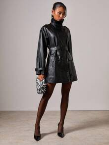 COSMINA Abrigo de trinchera de manga larga de unicolor y minimalista para mujer, chaqueta de cuero de uso diario para mujer en otoño/invierno