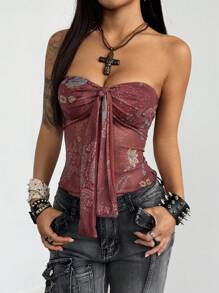 StreetHx Women's Vintage Print Tie-Up Crop Top, Summer