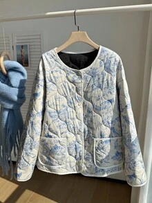 SHEIN EZwear 加大码加厚棉服外套，秋冬花卉印花夹克绗缝夹克女士绗缝夹克 - 彩色 - 查看 6