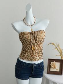 Flirla Women's Floral Jacquard Beaded Lace-Up Camisole Top - Coffee Brown - View 3
