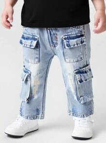 Calças Denim para Bebês Meninos, Denim Casuais Confortáveis com Cintura Elástica Rasgada Lavados em Azul para Bebês e Crianças Pequenas + Design de Múltiplos Bolsos Calça Cargo de Perna Reta, Estilo de Moda de Rua, Adequado para Primavera, Outono e Inverno - Lavagem clara - Visão 6