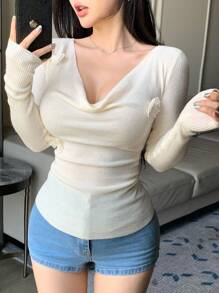 DAZY 女式蝴蝶结装饰垂坠领长袖修身休闲套头衫秋季 - 杏色 - 查看 7