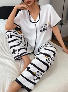 SHEIN Women's Black And White Striped Pajama Set With Panda Prints And Short Sleeves Comfy Pajamas Set Cute Pajamas Set Panda Pajamas - Black and White - View 1
