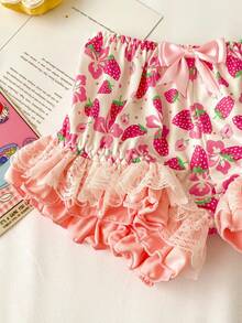 Tween Girls Elastic Waist Bow Decor Strawberry All-Over Print Lace Patchwork Cute Panties Underwear - Pink - View 5