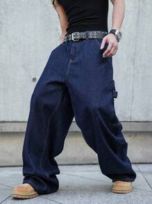 Manfinity EMRG Men's Side Pocket Wide Leg Relaxed Fit Denim Overalls Hang Out Street Sport College - Dark Wash - View 3