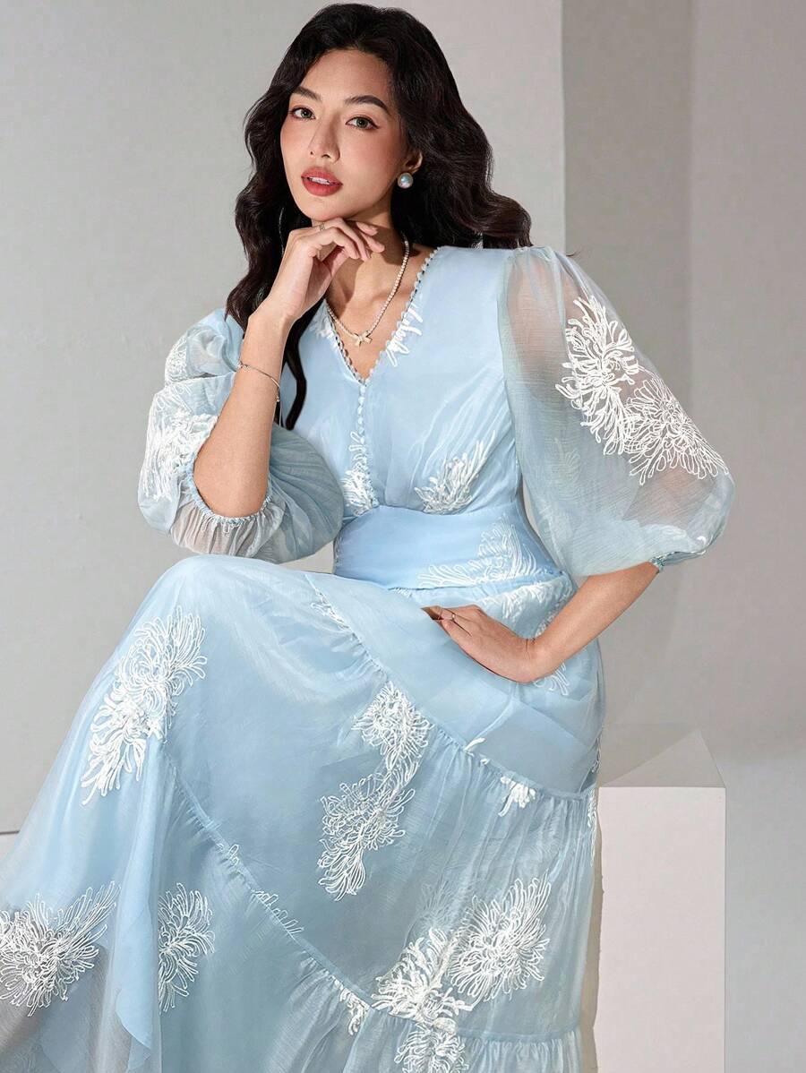 Modelyn 女式V领网眼灯笼袖束腰优雅连衣裙 - 藍色 - 查看 1
