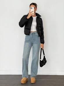 SHEIN Tall 短款女士冬季棉服外套 - 黑色 - 查看 5