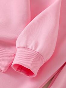 SHEIN Genkimix Kids 2 件套女童休闲套装，插肩袖纯色运动衫和针织裤，粉色 - 粉色 - 查看 5