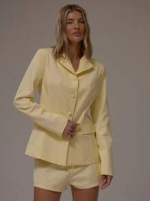 MUSERA Tailored Blazer Suit Long Line Pockets Pale Yellow Spring Summer Elegant Professional Business Casual Vacation Fall Winter Autumn Work Office Old Money Date Night Going Out Back To School Wedding Guest Christmas Suit Tailored Cute Brunch Vintage