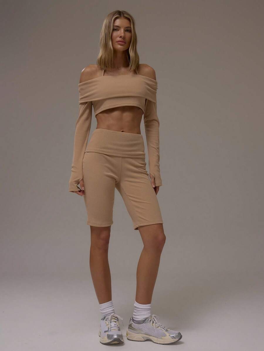 MUSERA 罗纹修身七分紧身裤，休闲、机场、居家、返校、秋季、冬季、圣诞节、感恩节皆宜 - 咖啡棕 - 查看 1