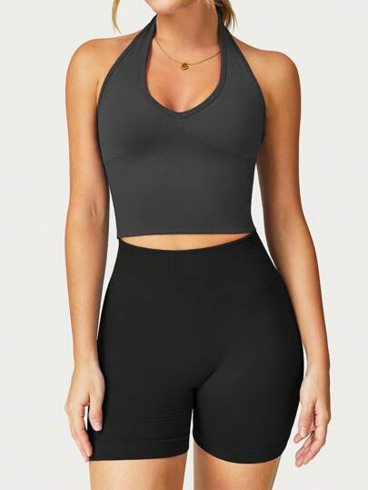 SHEIN Sports Solid Color Halter Neck Fitted Backless Summer Sporty Tank Top