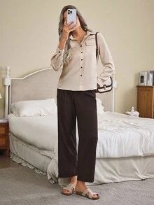 EMERY ROSE Solid Collared Button Up Flap Pocket Shirt,Long Sleeve Tops - Beige - View 5