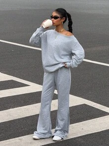 SHEIN Muchic 女装秋季新款基础针织纯灰色宽松露肩不对称领口长袖运动衫和喇叭裤运动套装，适合日常街头穿着 - 灰色 - 查看 1