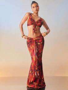 Hauture Áo ba lỗ xếp nếp họa tiết động vật trừu tượng có thể chuyển đổi có đính hạt cho tiệc đêm hè gợi cảm - Nhiều màu - Xem 3