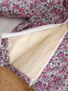 SHEIN Vintaside Kids Vintage Ditsy Floral Hooded Jacket For Baby Girls, Zipper Closure, Thermal Lined, Casual & Fashionable Winter Outerwear Fall