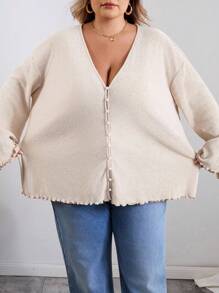 SHEIN CURVE+ Curve Plus Size/Roupas de Outono/Roupas Femininas de Outono/Roupas de Inverno para Mulheres/Roupas de Inverno Plus Size Botão de Pérola Decote em V Profundo Mangas Compridas Cardigan de Malha, Traje de Negócios Plus Size Suéter 8xl Roupas Femininas 6xl Roupas Femininas Plus 5xl Plus Size Cardigan Plus Size Roupas de Outono para Mulheres, Inverno, CURVE PLUS - Damasco - Ver 7