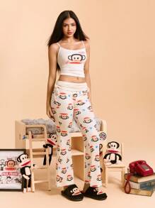 Paul Frank X SHEIN Bộ đồ ngủ gồm áo hai dây họa tiết hoạt hình và quần dài cho nữ - Màu be - Xem 4