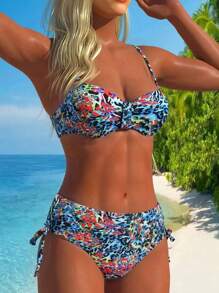 Swim Lushoire Sexy Leopard Print Spaghetti Strap Ruched Bikini Set, Summer Vacation - Multicolor - View 3