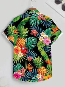 Manfinity RSRT 时尚休闲成熟热带植物菠萝组合元素全身数码印花图案常规版型男士短袖衬衫，适合夏季户外、约会、派对、情侣装、男友礼物 - 彩色 - 查看 3