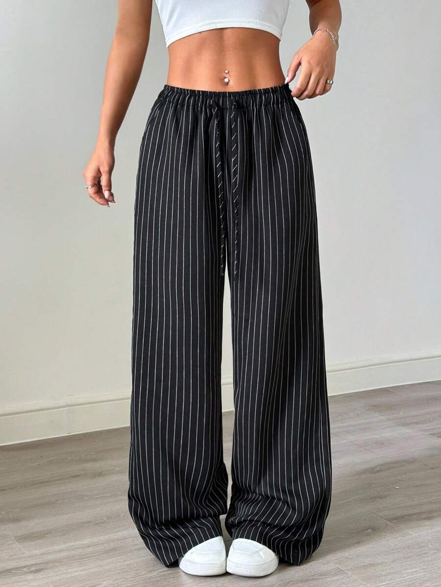 SHEIN EZwear 女款休閒條紋寬腿褲,適合日常穿著,低腰,返校季,秋冬百搭褲 - 彩色 - 查看 1