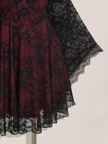 Nezia Cruz Plus Size Square Neck Ruched Lace Flare Sleeve Contrast Color Goth Dress, Y2K Party Dress, Halloween Costume, Witch Vampire Dress - Multicolor - View 7