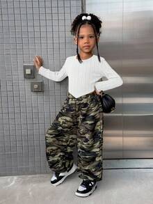 SHEIN Young Girl Casual Knit Long Sleeve Top And Camouflage Long Pants Set Girls Camo Pants Girls Cargo Pants Girls Outfit Sets Crop Top Girls Outfit Set - White - View 5