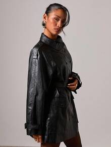 COSMINA Abrigo de trinchera de manga larga de unicolor y minimalista para mujer, chaqueta de cuero de uso diario para mujer en otoño/invierno