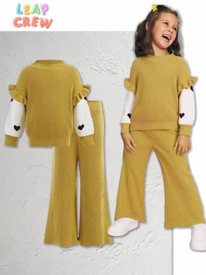 SHEIN Set med färgblocksmönster i jacquard med hjärtmönster och stickade byxor för unga flickor