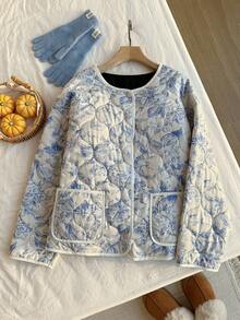 SHEIN EZwear 加大码加厚棉服外套，秋冬花卉印花夹克绗缝夹克女士绗缝夹克 - 彩色 - 查看 3