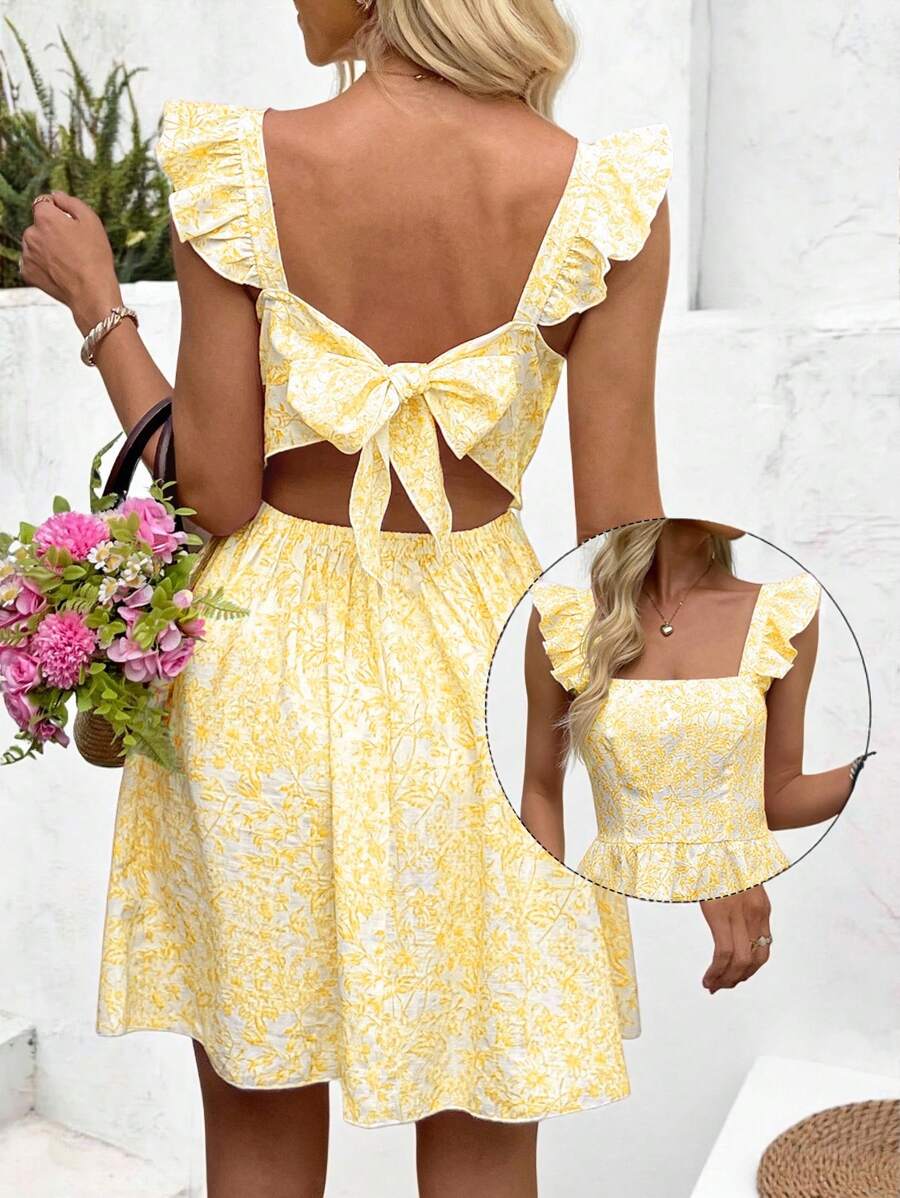 SHEIN LUNE Women's Casual Bow Print Tie Back Mini Dress With Flutter Sleeves - Yellow - View 1