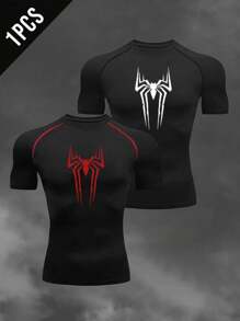 Manfinity Sport Corelite Camiseta deportiva de manga corta tipo raglán con estampado de araña para hombres, camiseta de compresión transpirable y ajustada para entrenamiento y gimnasio, cuello redondo
