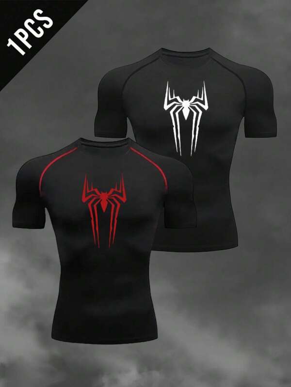 Manfinity Sport Corelite Men's Spider Print Raglan Short Sleeve Sports T-Shirt Workout Tops Gym Top Compression Shirt Breathable Fitted Shirt Crew Neck