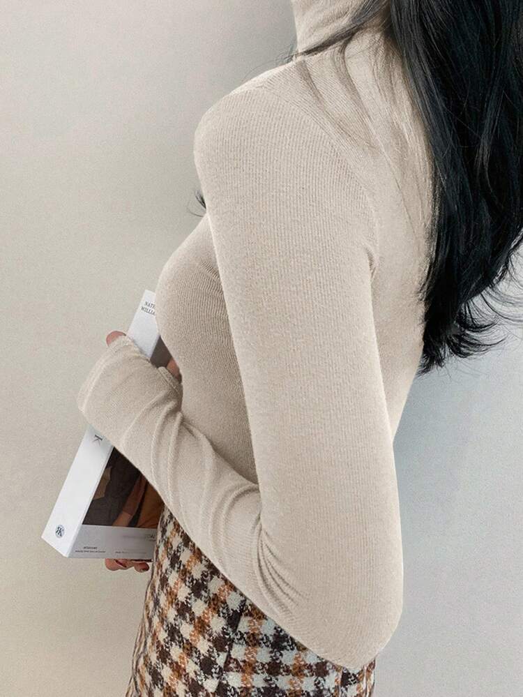 Women's Casual Solid Color Turtleneck Tight Fit Base Layer T-Shirt, Autumn/Winter Long Sleeve Top