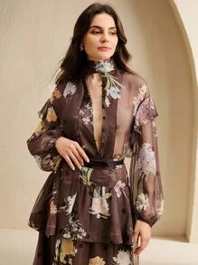 Anewsta Women's Floral Print Mesh Drop Shoulder Ruffle Trim Loose Fashion Blouse - Brown - View 6