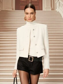 SHEIN Unity Fall Women Clothes, Winter Fashion Design, Light Luxury Elegant, Knitted Crop Top Jacket - Beige - View 6