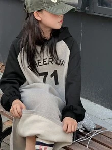 Dazy Kids 少女针织抓绒连帽印花连衣裙，秋冬季 - 灰色 - 查看 6