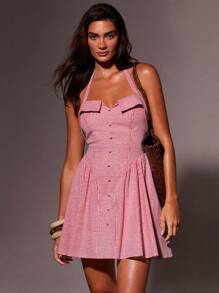 Athîral 女式夏季时尚格子露背挂脖迷你连衣裙 - 紅色 - 查看 4