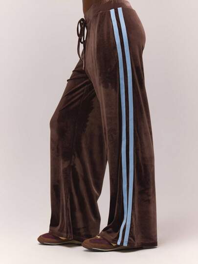 MUSERA 宽腿侧条纹丝绒厚腰带低腰慢跑裤，复古乡村风，可爱田园风，返校休闲家居裤，女士奶油糖色冬季休闲运动裤