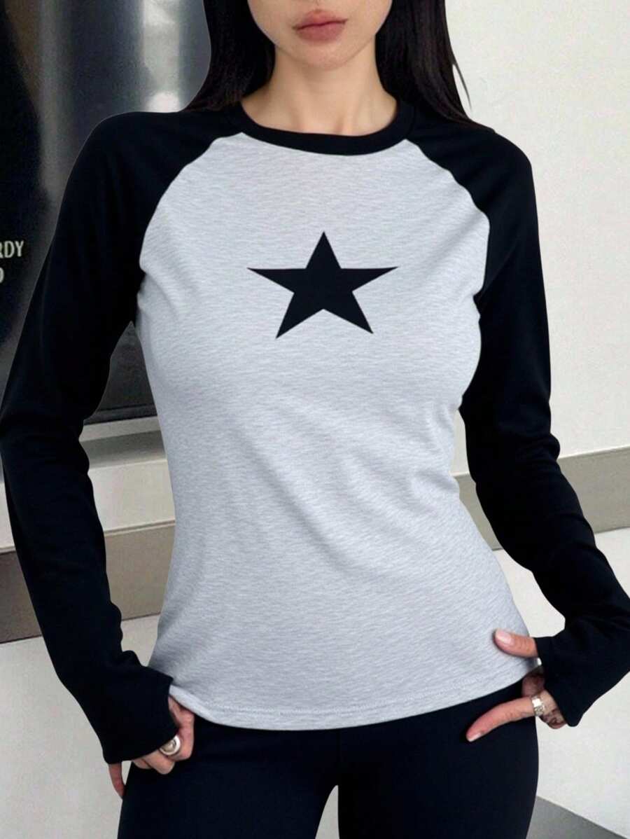 SHEIN 少女黑色插肩袖撞色星星印花长袖圆领T恤，返校季T恤，街头时尚百搭T恤，可爱上衣，长袖上衣，星星长袖T恤，黑白配色，适合秋冬季穿着 - 灰色 - 查看 1