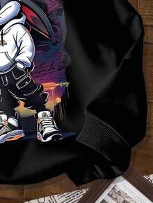 SHEIN 男童休闲舒适针织酷兔图案印花长袖厚连帽衫，配蓝色遮阳帽