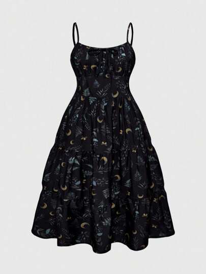 Goth Summer Boho Vacation Moon & Plant Retro All-Over Print Plus Size Women Spaghetti Strap Dress