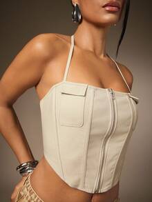Hauture Women's Solid Color Zip Front Cropped Halter Top - Light Grey - View 4