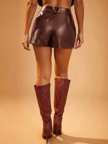 Hauture Women's Solid Color PU Leather Pocket Loose Shorts - Brown - View 4