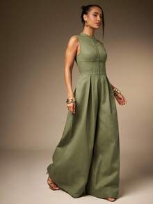 Hauture Extreme Wide Leg Zip Front Sleeveless Jumpsuit - Army Green - View 4