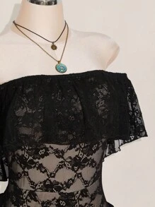 SHEIN ICON Plus Size Off Shoulder Ruffle Lace Tiered Short Front Long Back Dress, Boho, Vacation - Black - View 10
