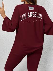 Mulvari 2 件女士休闲字母印花 T 恤和紧身裤套装 2 件套休闲套装女士女士休闲套装运动服套装女士 - 酒紅色 - 查看 2