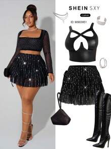 SHEIN SXY Plus Size Women Solid Color Sequin Multi-Layer Ruffle Hem Short Fashion Mini Skirt,Club Outfits Women Sexy; Sequin / Rhinestone