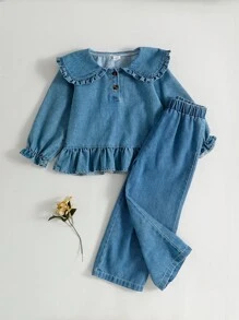 SHEIN 女童休闲简约翻领荷叶边长袖上衣和裤子套装，秋冬装 - 藍色 - 查看 3