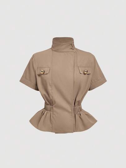 SHEIN MOD 复古 70 年代风衣，金属扣 - 战术风格，适合约会、派对和节日，具有西部主题、学院风和复古金钱风情，适合返校季、女士教师装、可爱上衣、女士外出上衣、商务休闲装、女士办公室装、秋冬垃圾风